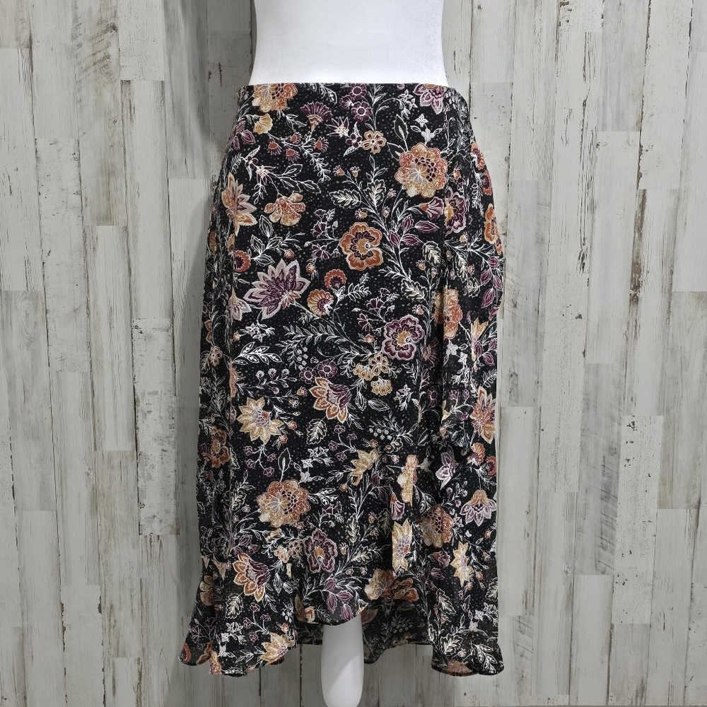 DR2 Daniel Rainn Black Multicolor Asymmetrical Floral Ruffle Skirt Medium